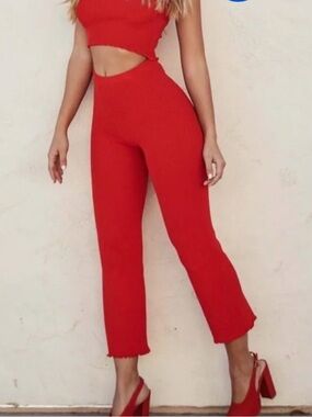 Tiger Mist High-Waist Red Ribbed Knit Pants and Top Co-ord Set!